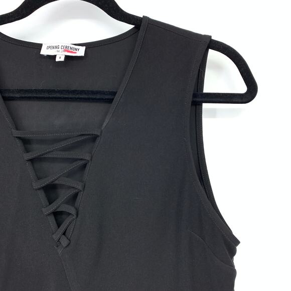 Opening Ceremony Women's Size 8 Black Sleeveless Ruffle Lace Up Mini Shift Dress - Picture 3 of 7